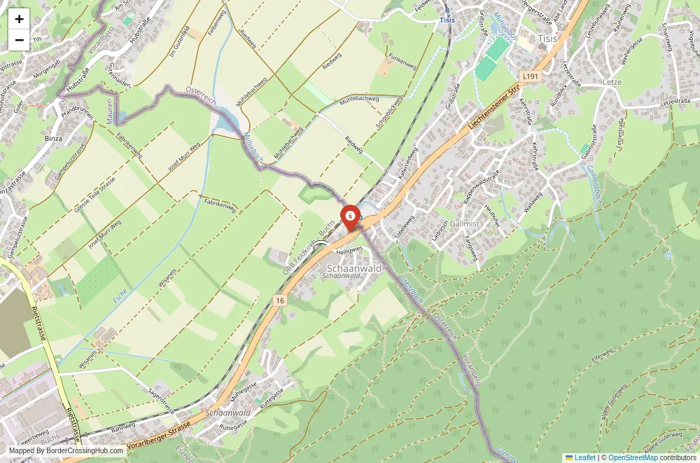 Close-up map showing a border crossing point with marker at the selected land port of entry between Liechtenstein and Austria