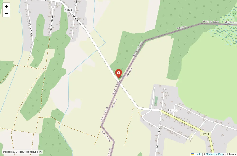 Close-up map showing a border crossing point with marker at the selected land port of entry between Hungary and Romania