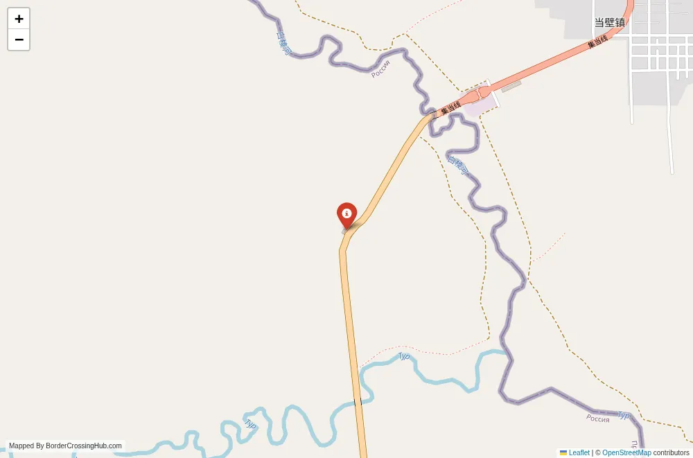 Close-up map showing a border crossing point with marker at the selected land port of entry between China and Russia