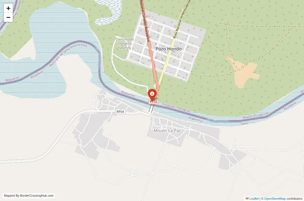 Close-up map showing a border crossing point with marker at the selected land port of entry between Argentina and Paraguay