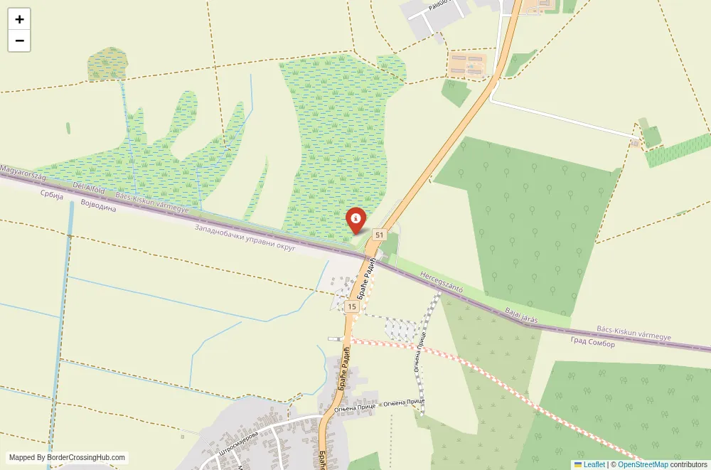 Close-up map showing a border crossing point with marker at the selected land port of entry between Hungary and river crossing