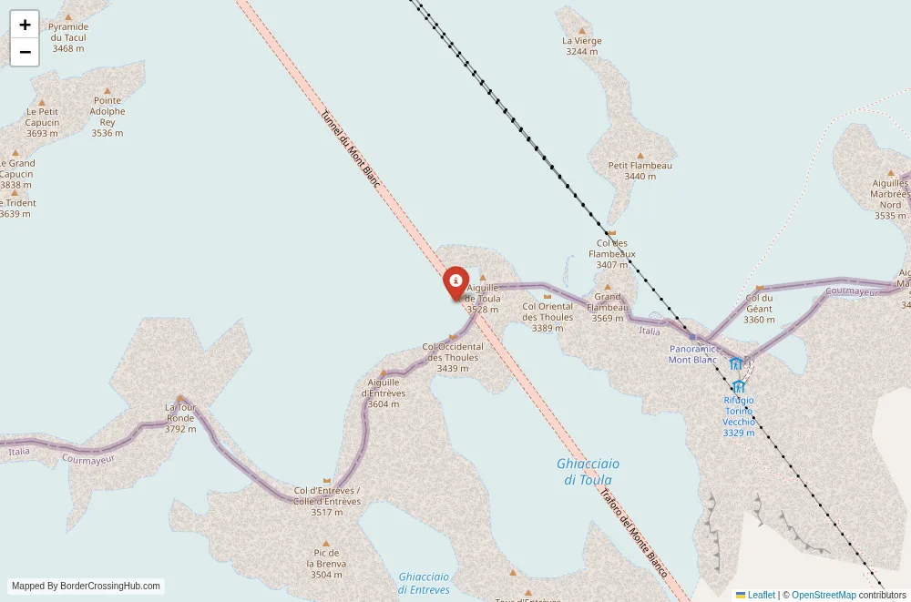 Close-up map showing a border crossing point with marker at the selected land port of entry between France and Italy