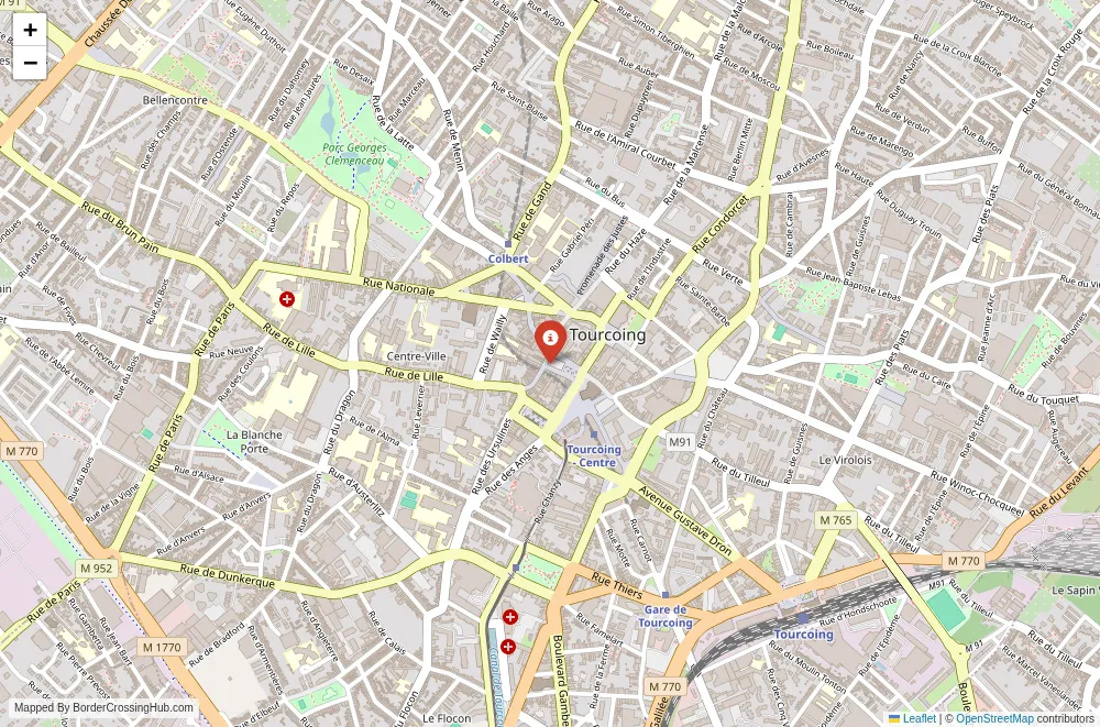 Close-up map showing a border crossing point with marker at the selected land port of entry between Belgium and France