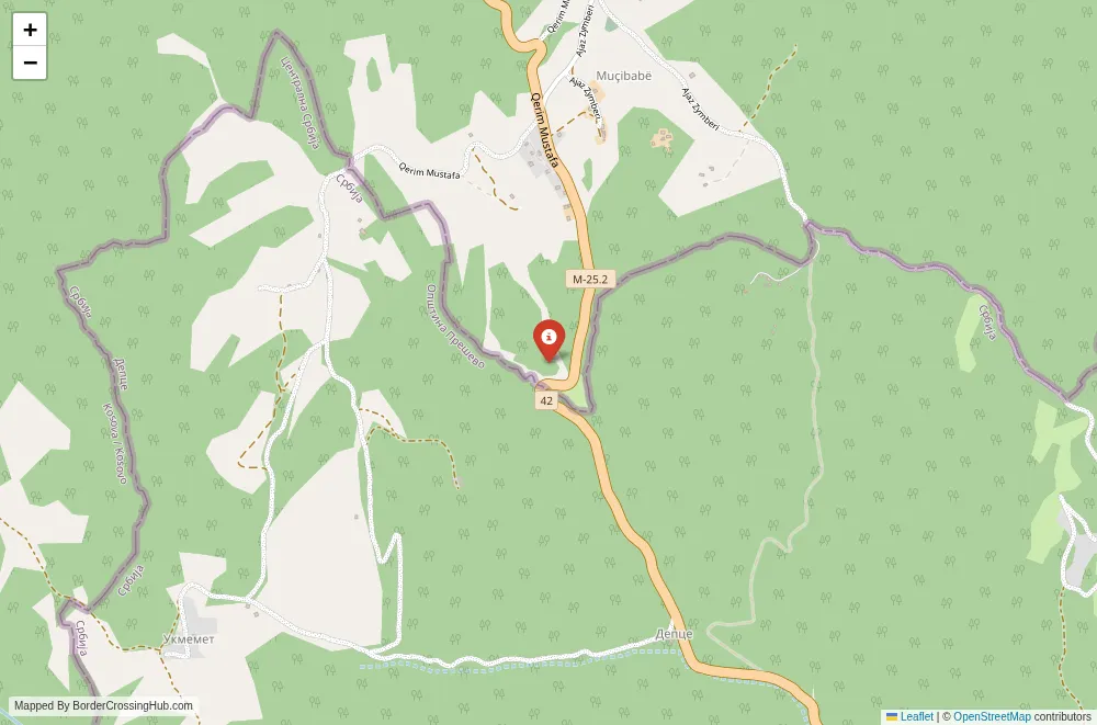 Close-up map showing a border crossing point with marker at the selected land port of entry between Kosovo and Serbia