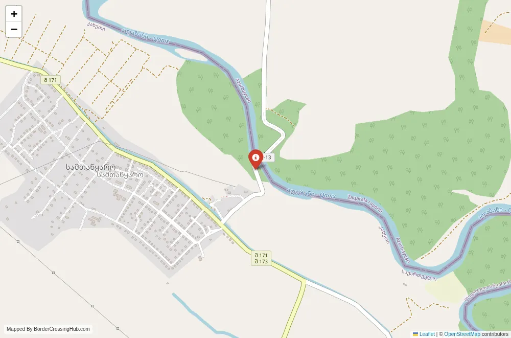 Close-up map showing a border crossing point with marker at the selected land port of entry between Azerbaijan and Georgia
