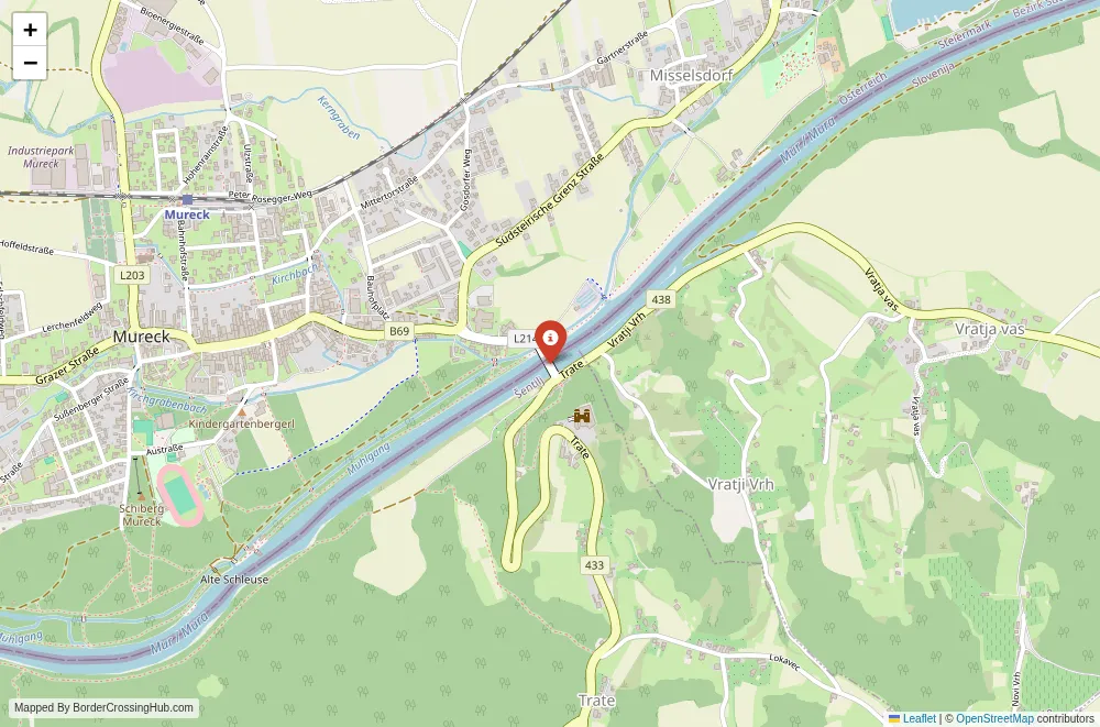 Close-up map showing a border crossing point with marker at the selected land port of entry between Austria and Slovenia