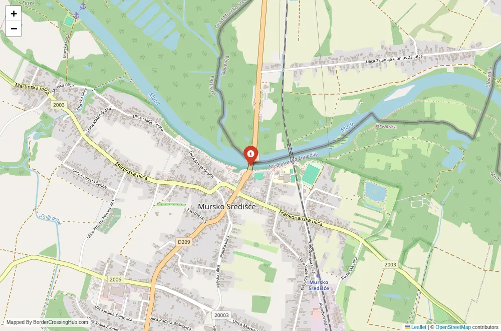 Close-up map showing a border crossing point with marker at the selected land port of entry between Croatia and Slovenia