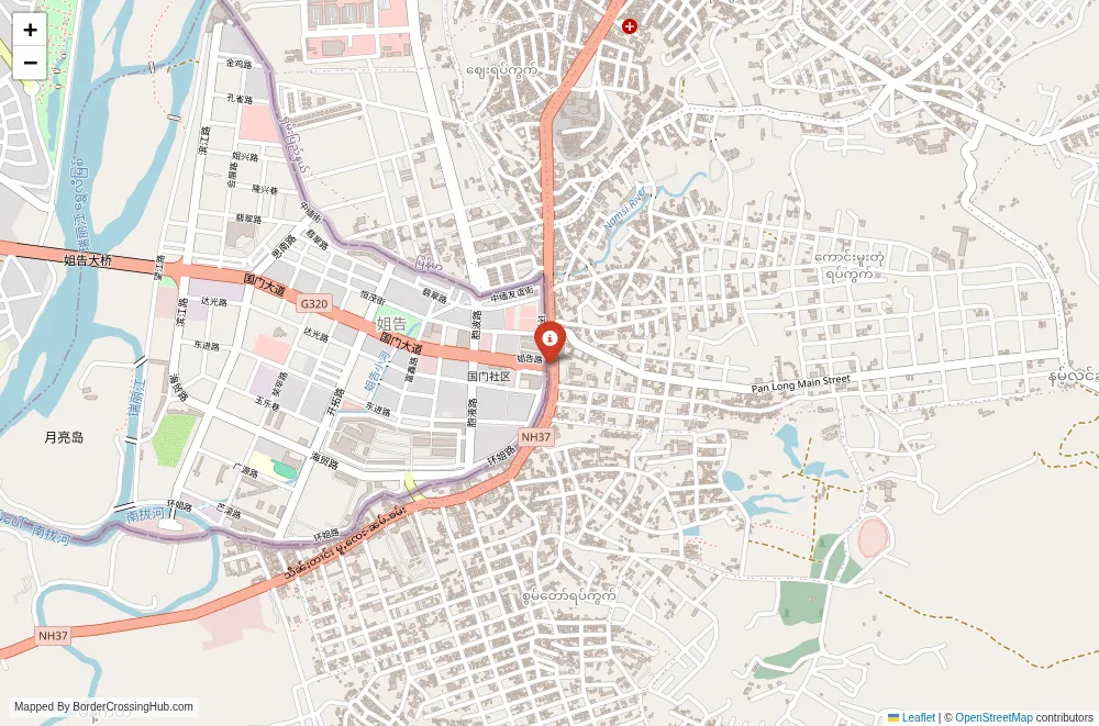 Close-up map showing a border crossing point with marker at the selected land port of entry between Myanmar and China