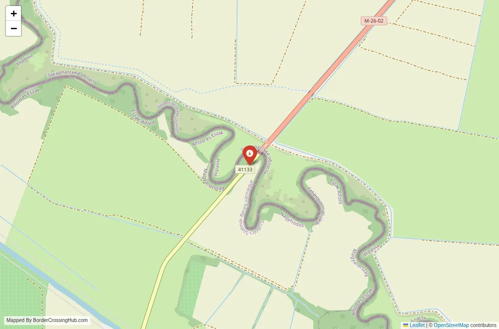 Close-up map showing a border crossing point with marker at the selected land port of entry between Hungary and Ukraine