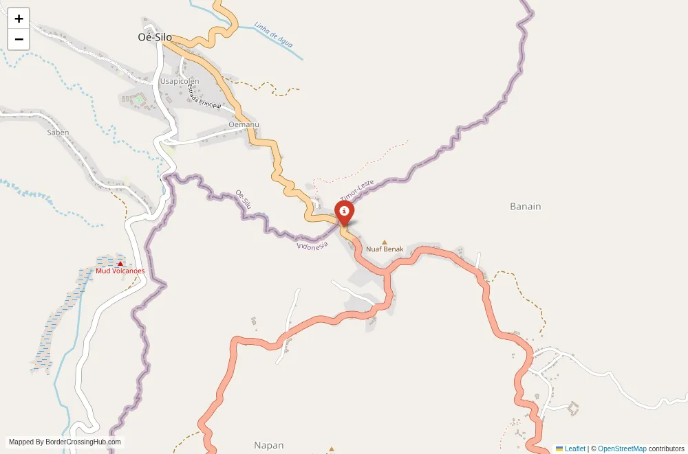 Close-up map showing a border crossing point with marker at the selected land port of entry between Indonesia and Timor–Leste