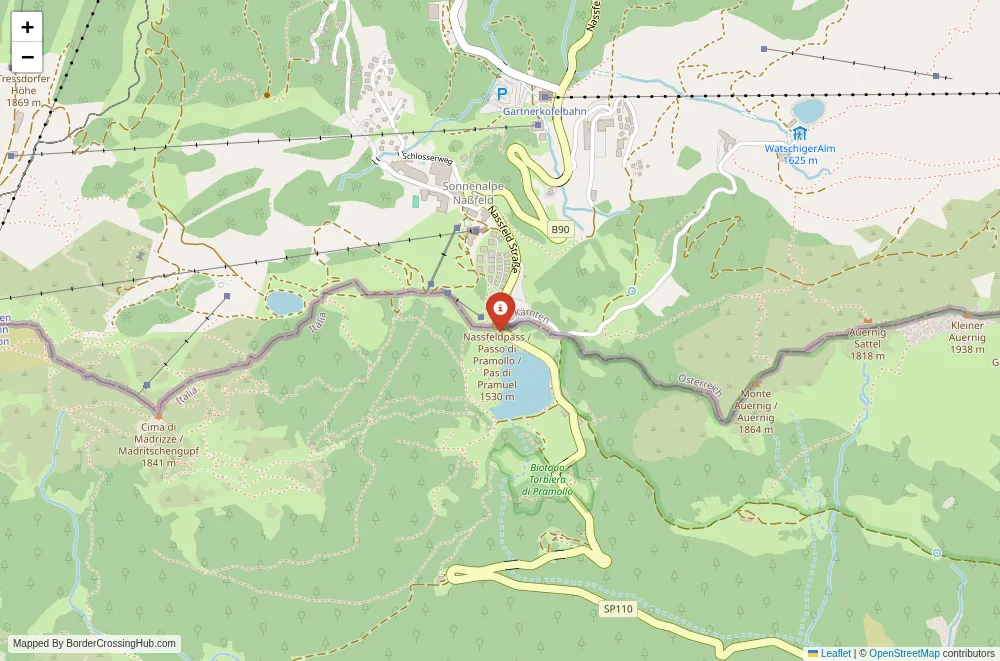 Close-up map showing a border crossing point with marker at the selected land port of entry between Austria and Italy