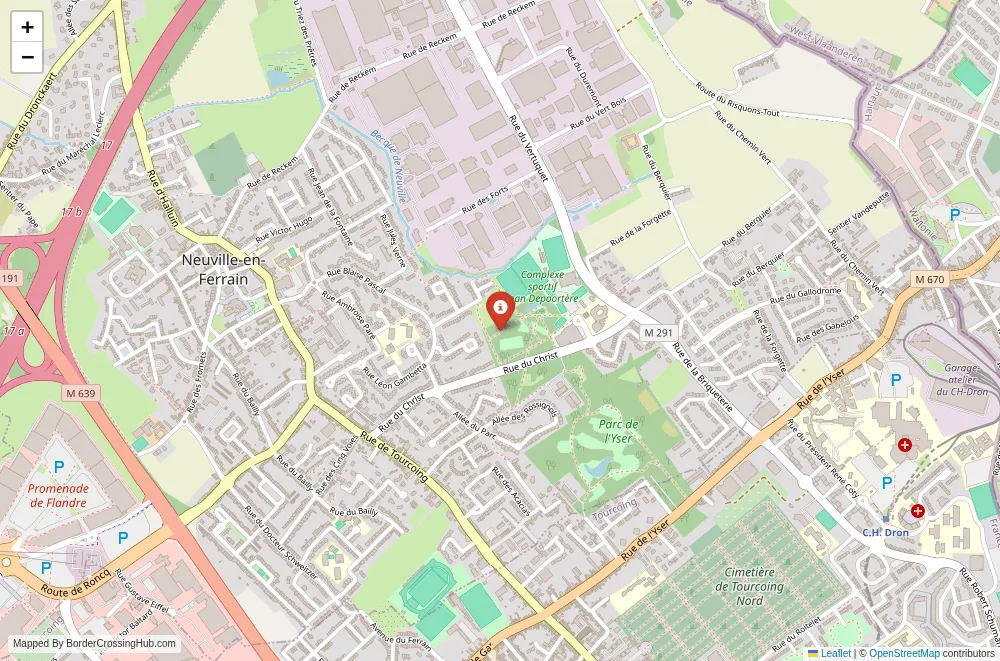 Close-up map showing a border crossing point with marker at the selected land port of entry between France and Belgium