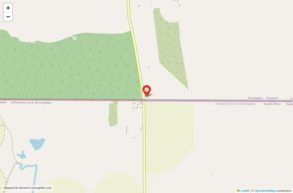 Close-up map showing a border crossing point with marker at the selected land port of entry between Eswatini and Mozambique