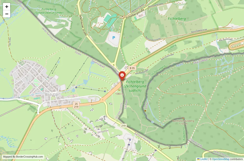 Close-up map showing a border crossing point with marker at the selected land port of entry between Germany and Czech Republic