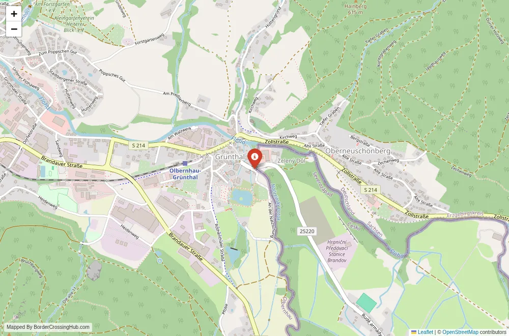 Close-up map showing a border crossing point with marker at the selected land port of entry between Germany and Czech Republic