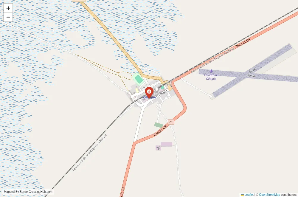 Close-up map showing a border crossing point with marker at the selected land port of entry between Bolivia and Chile