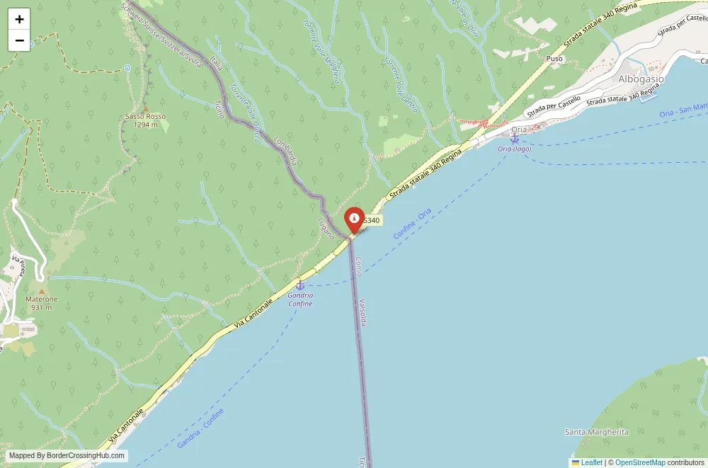 Close-up map showing a border crossing point with marker at the selected land port of entry between Italy and Switzerland