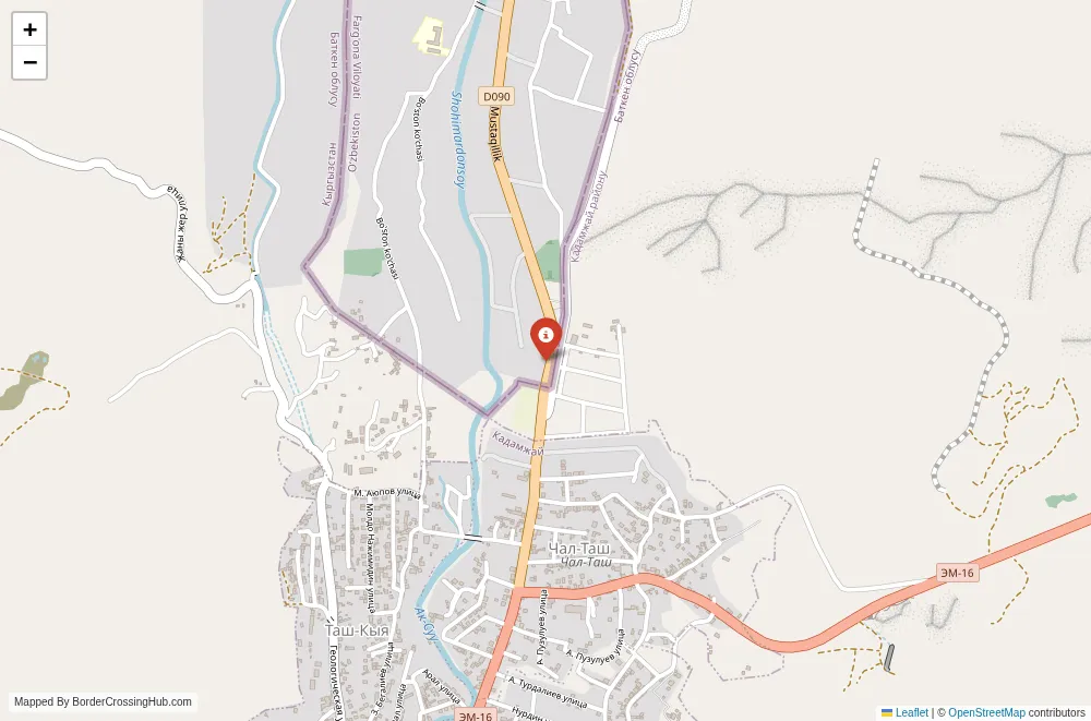 Close-up map showing a border crossing point with marker at the selected land port of entry between Kyrgyzstan and Uzbekistan