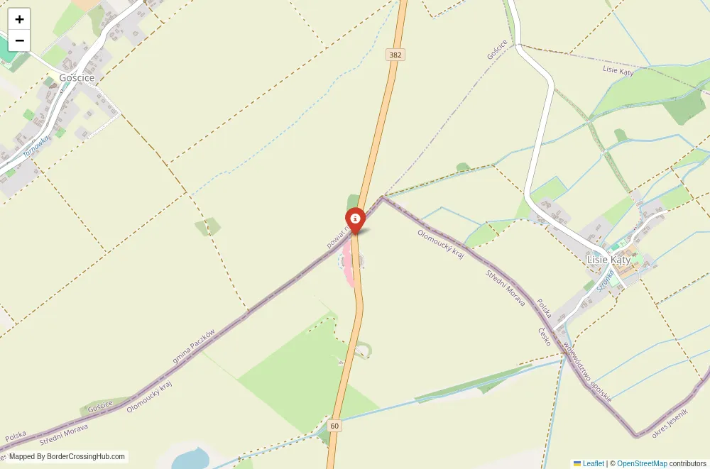 Close-up map showing a border crossing point with marker at the selected land port of entry between Poland and Czech Republic