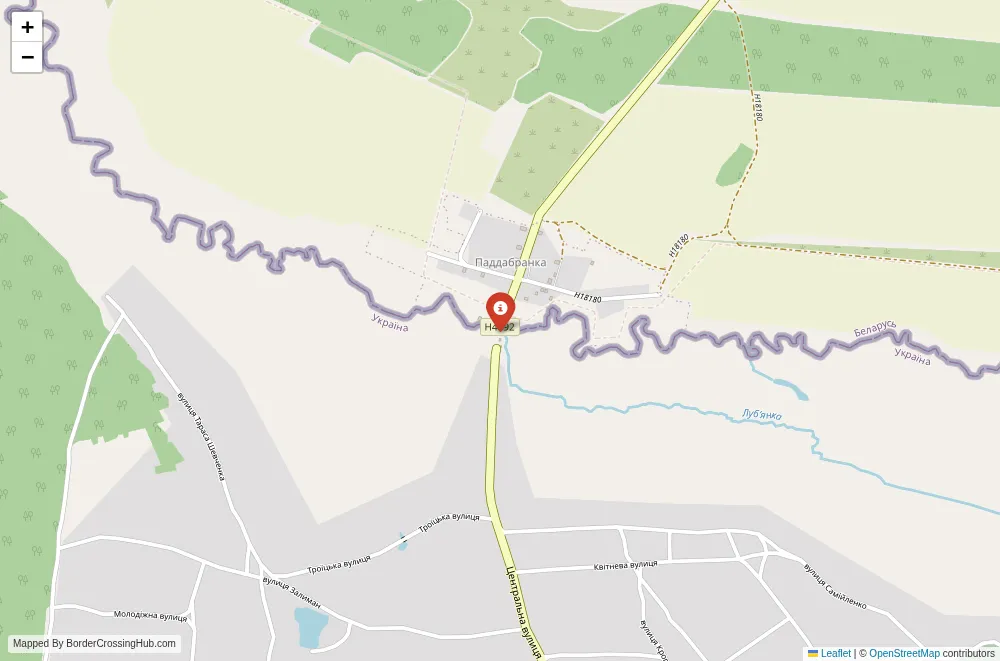 Close-up map showing a border crossing point with marker at the selected land port of entry between Belarus and Ukraine