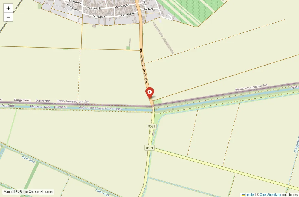 Close-up map showing a border crossing point with marker at the selected land port of entry between Austria and Hungary