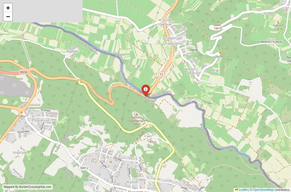 Close-up map showing a border crossing point with marker at the selected land port of entry between Croatia and Slovenia