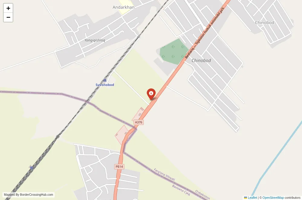 Close-up map showing a border crossing point with marker at the selected land port of entry between Tajikistan and Uzbekistan