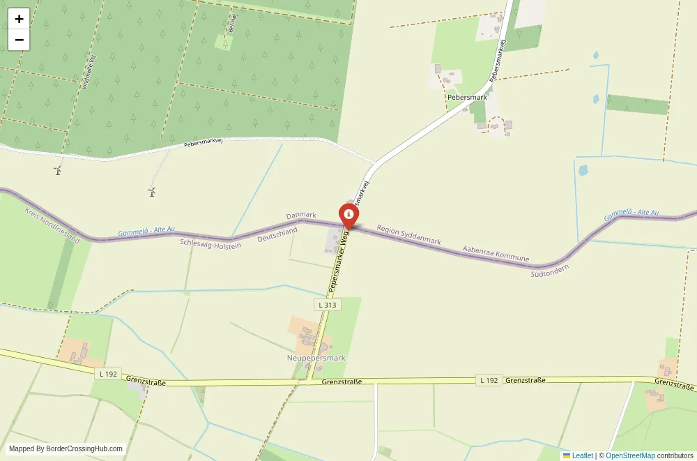Close-up map showing a border crossing point with marker at the selected land port of entry between Denmark and Germany
