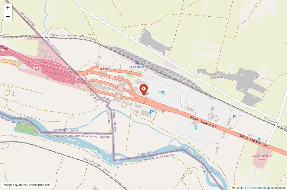 Close-up map showing a border crossing point with marker at the selected land port of entry between Turkey and Bulgaria