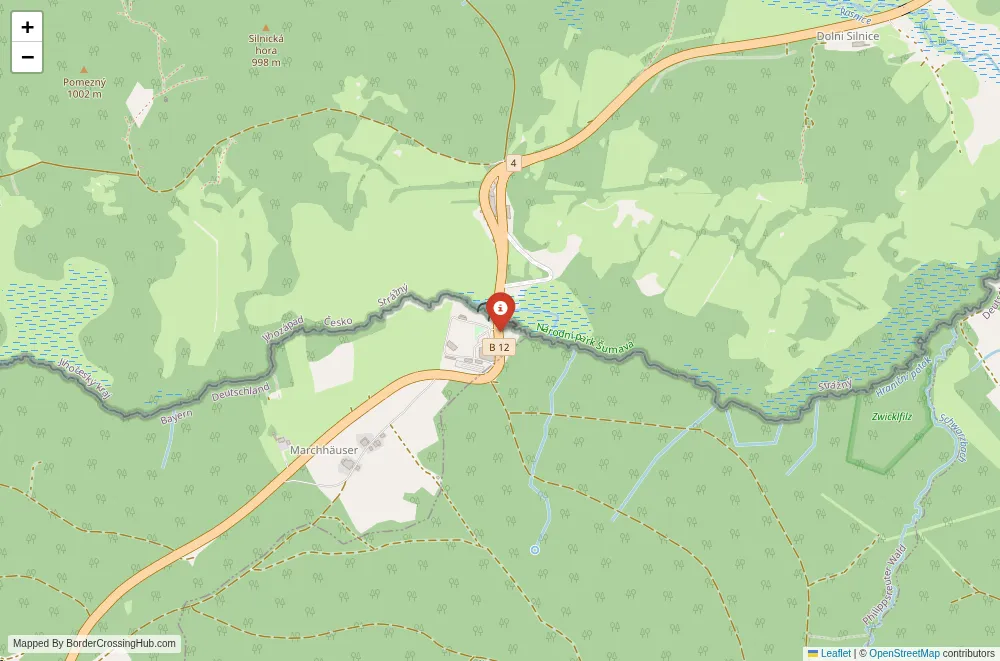 Close-up map showing a border crossing point with marker at the selected land port of entry between Germany and Czech Republic