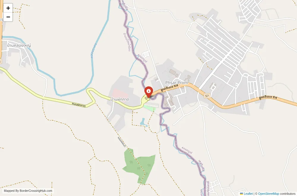 Close-up map showing a border crossing point with marker at the selected land port of entry between Cambodia and Thailand