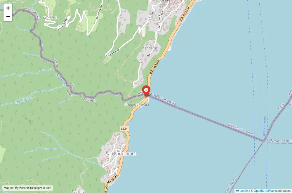 Close-up map showing a border crossing point with marker at the selected land port of entry between Italy and Switzerland