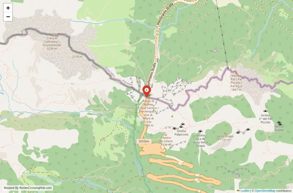 Close-up map showing a border crossing point with marker at the selected land port of entry between Austria and Italy