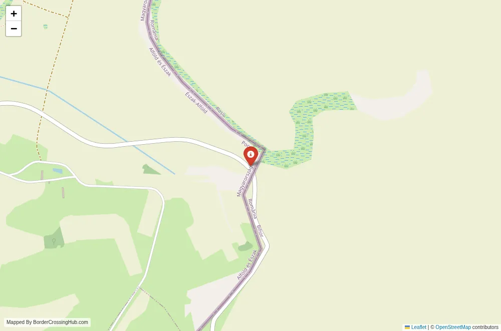 Close-up map showing a border crossing point with marker at the selected land port of entry between Hungary and Romania