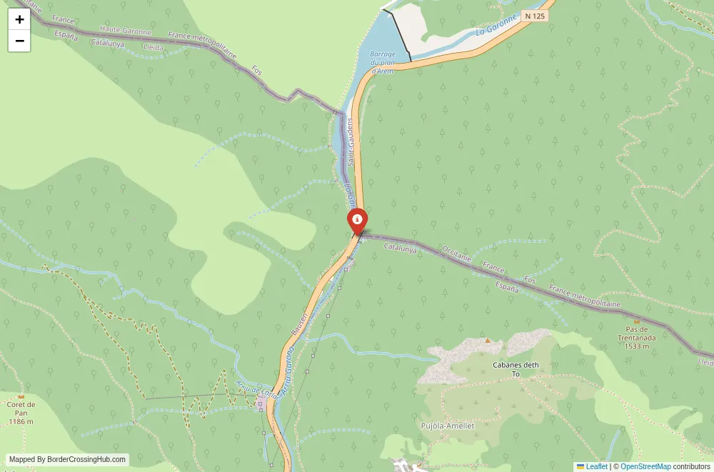 Close-up map showing a border crossing point with marker at the selected land port of entry between France and Spain