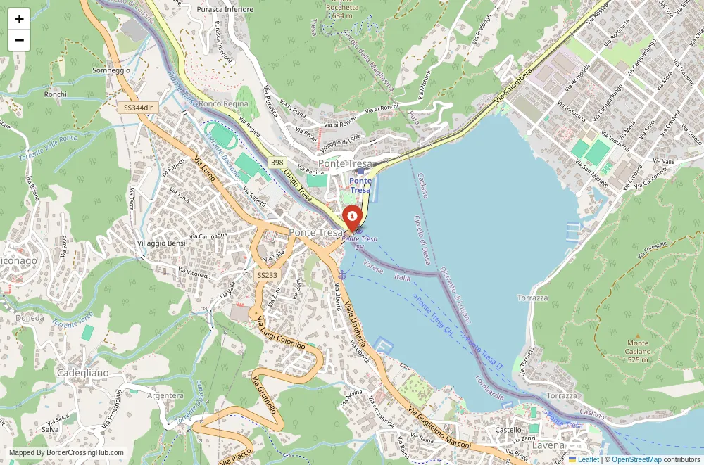 Close-up map showing a border crossing point with marker at the selected land port of entry between Switzerland and Italy