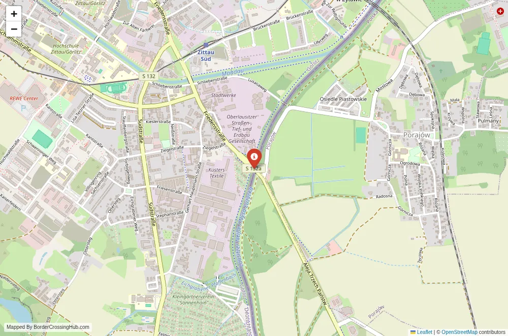 Close-up map showing a border crossing point with marker at the selected land port of entry between Poland and Germany