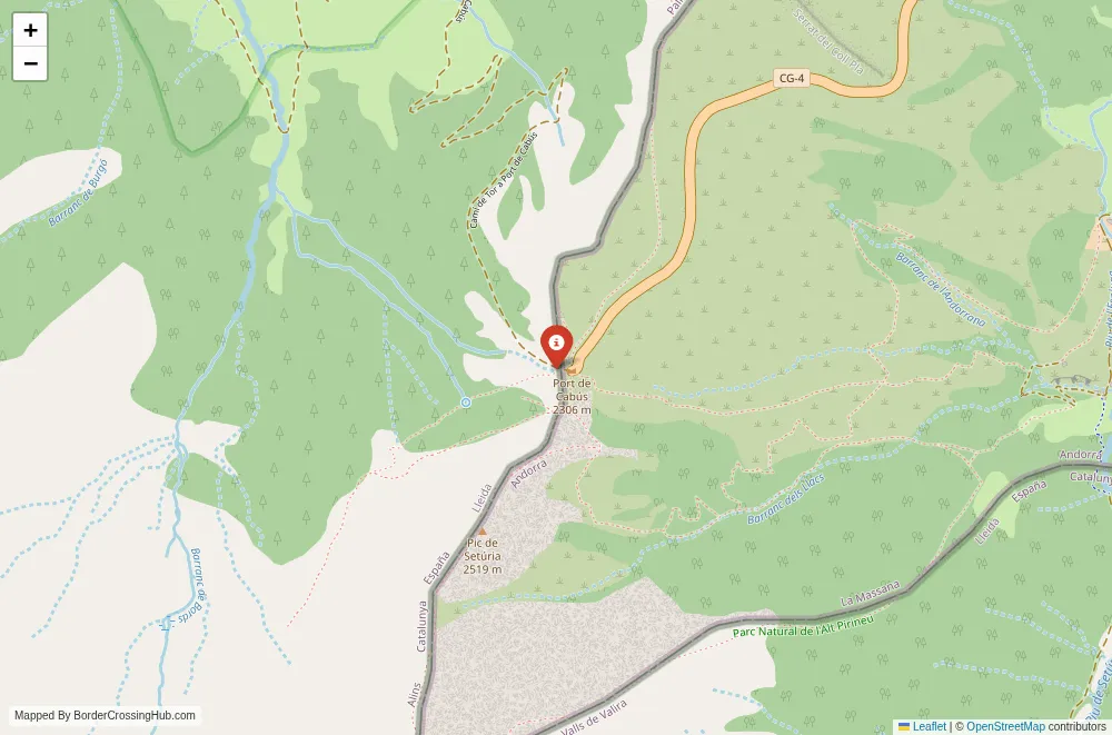 Close-up map showing a border crossing point with marker at the selected land port of entry between Andorra and Spain