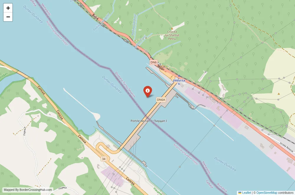 Close-up map showing a border crossing point with marker at the selected land port of entry between Romania and Serbia