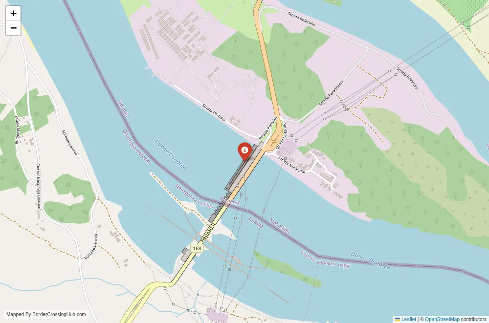 Close-up map showing a border crossing point with marker at the selected land port of entry between Romania and Serbia