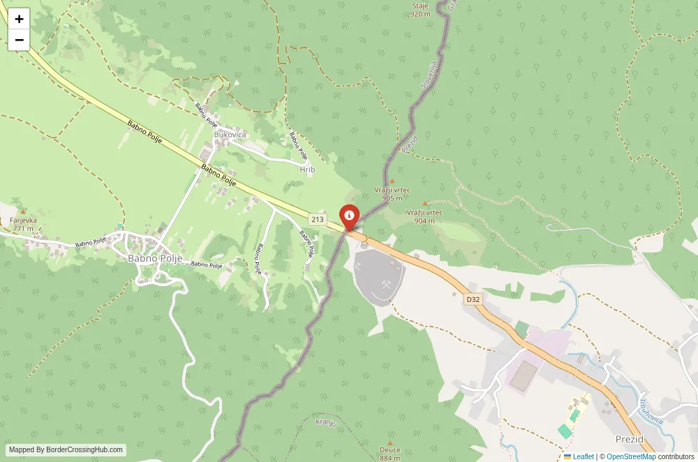 Close-up map showing a border crossing point with marker at the selected land port of entry between Croatia and Slovenia