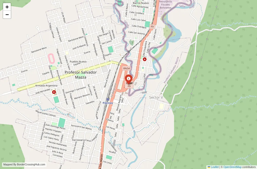 Close-up map showing a border crossing point with marker at the selected land port of entry between Argentina and Bolivia