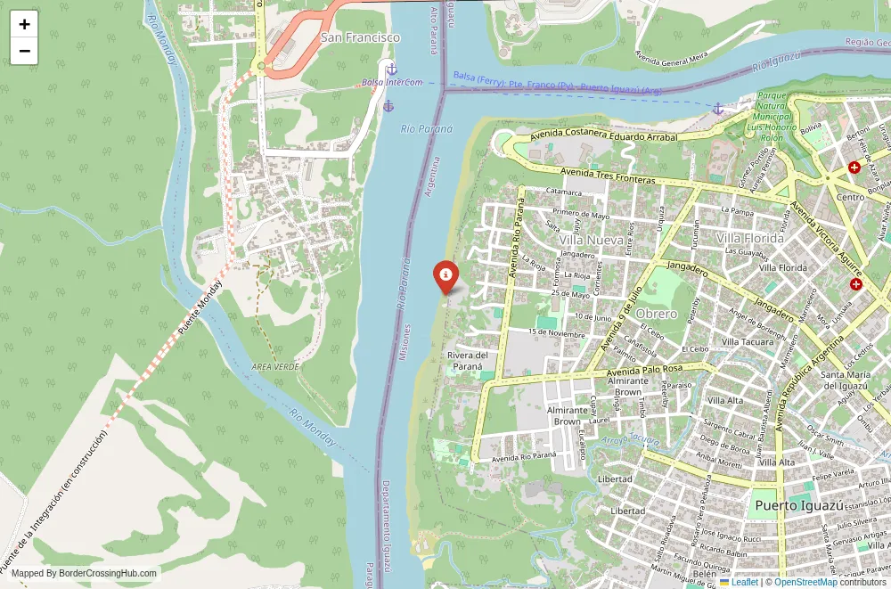 Close-up map showing a border crossing point with marker at the selected land port of entry between Argentina and Paraguay