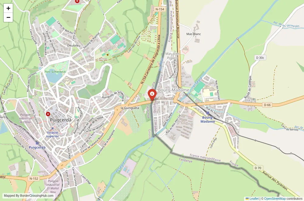 Close-up map showing a border crossing point with marker at the selected land port of entry between Spain and France