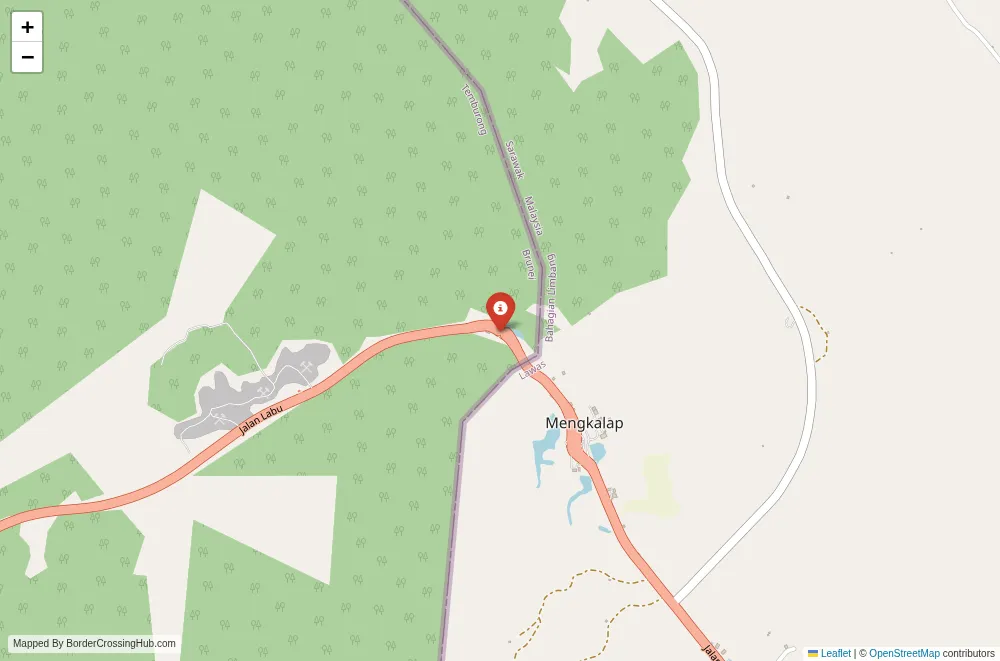 Close-up map showing a border crossing point with marker at the selected land port of entry between Brunei and Malaysia