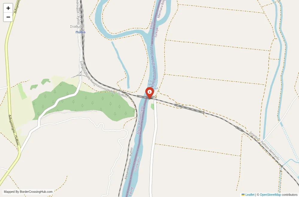 Close-up map showing a border crossing point with marker at the selected land port of entry between Greece and Turkey