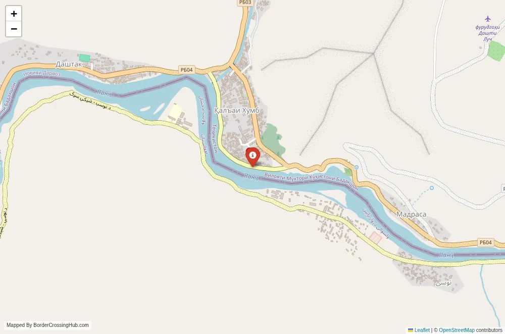 Close-up map showing a border crossing point with marker at the selected land port of entry between Tajikistan and Afghanistan