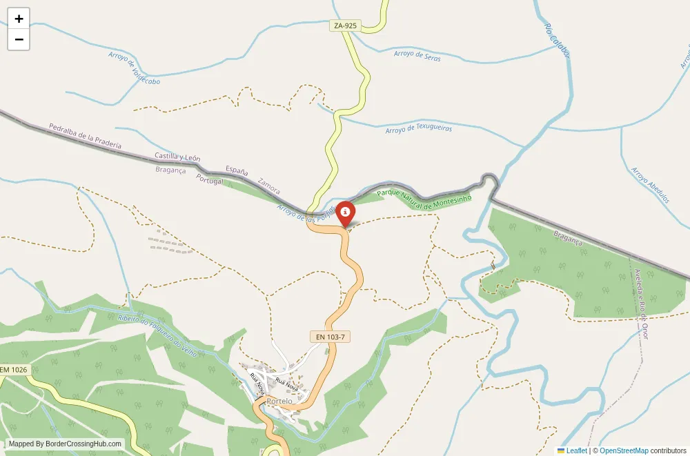 Close-up map showing a border crossing point with marker at the selected land port of entry between Portugal and Spain