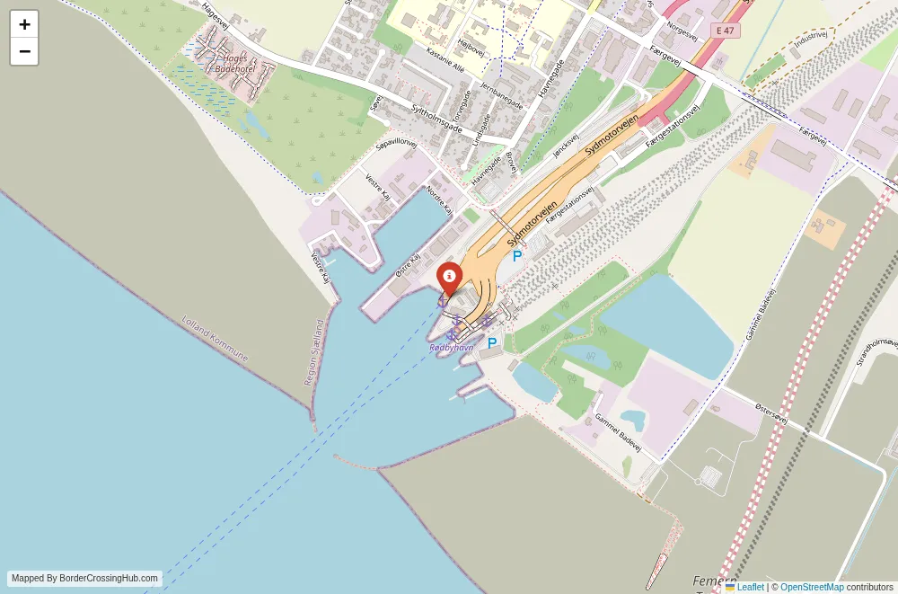 Close-up map showing a border crossing point with marker at the selected land port of entry between Denmark and Germany