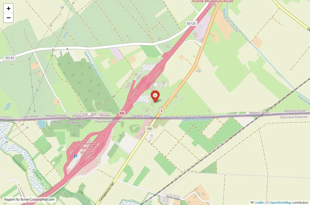 Close-up map showing a border crossing point with marker at the selected land port of entry between Hungary and railway